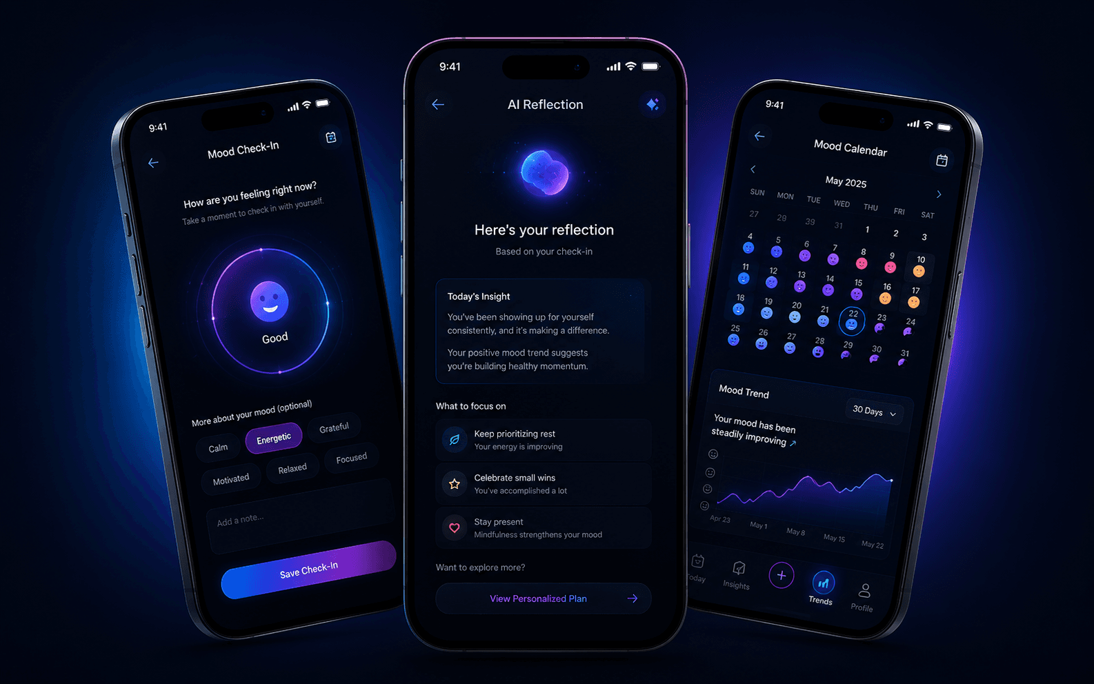 MoodFlow app screens showing mood check-in, AI reflection, and mood calendar