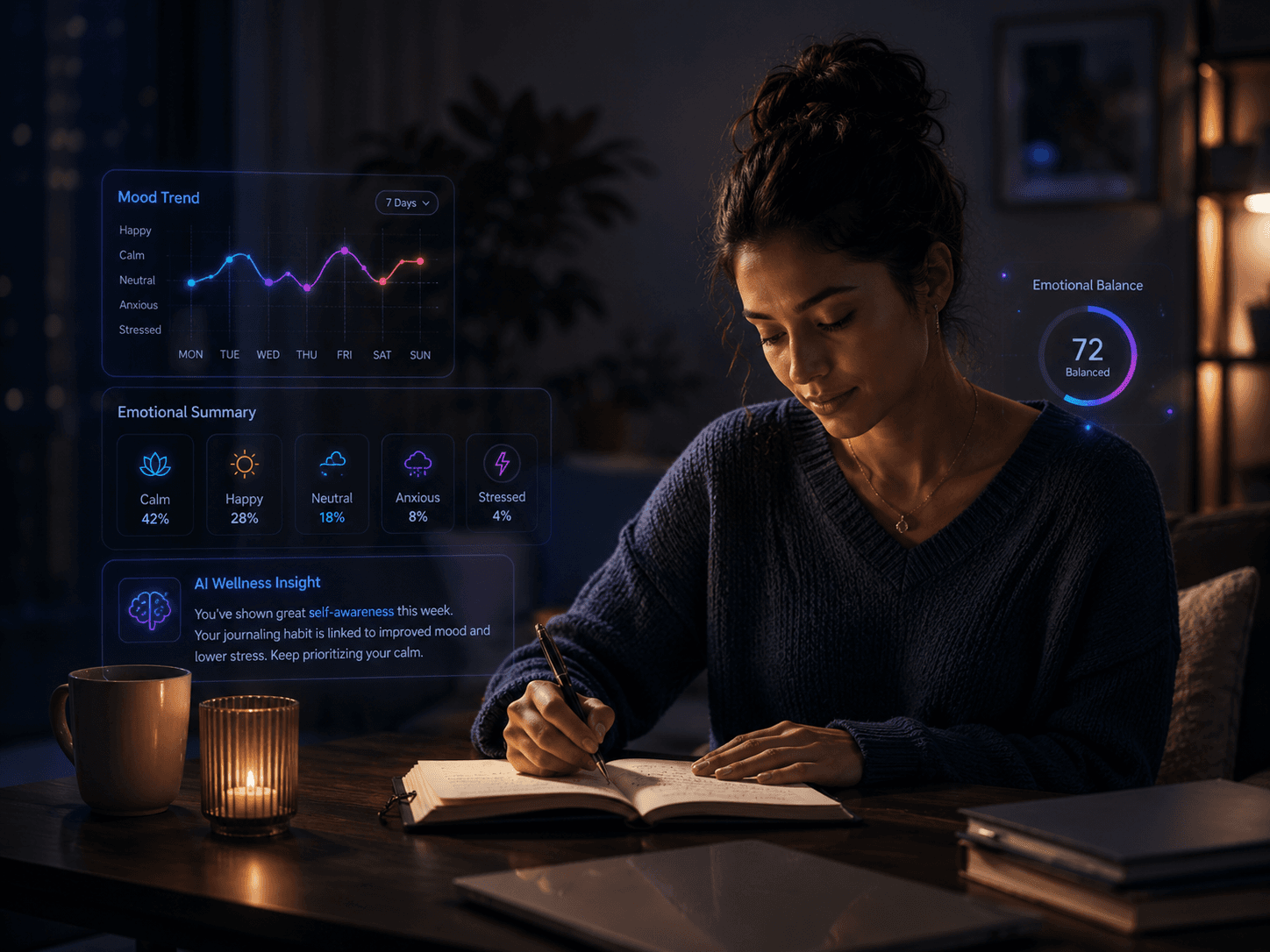 Person journaling at home with MoodFlow insights overlay